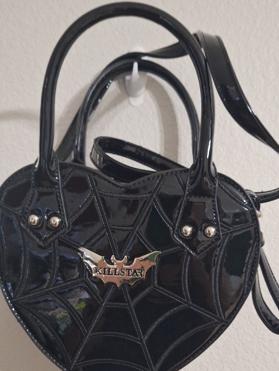 Killstar Handbags - Killstar Black Patent Heart Spiderweb Satchel